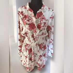 Flirty Floral Print Long Sleeve Mini Dress | White, Pinks, & Reds | Sz:M Justify